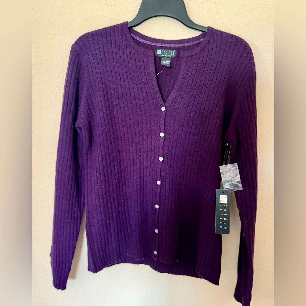 Carole Little Deep Purple Ribbed Button-Front Cardigan